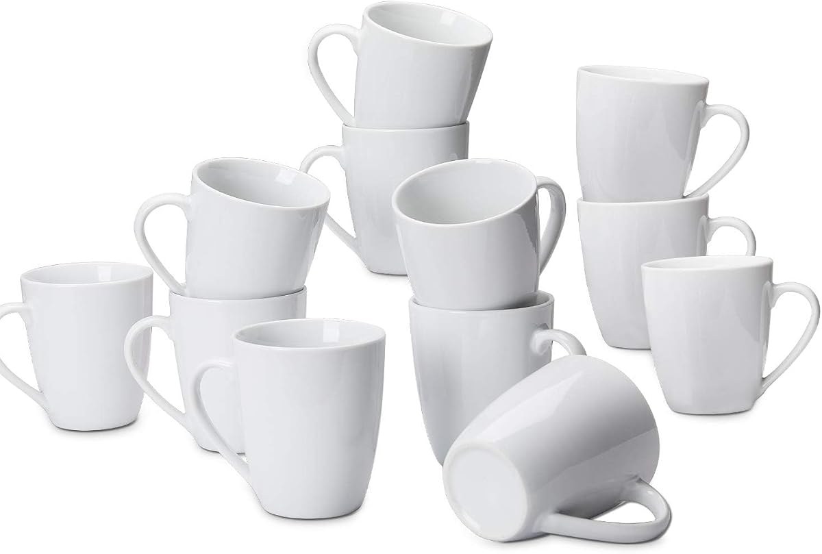 White Porcelain Mugs, Set of 12
